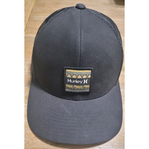 Hurley Black Trucker Hat Snapback Cap Patch W Jaguar - Picture 1 of 5